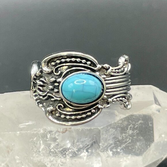 Boho Faux Turquoise Floral Adjustable Spoon Ring #1214 - Picture 5 of 8